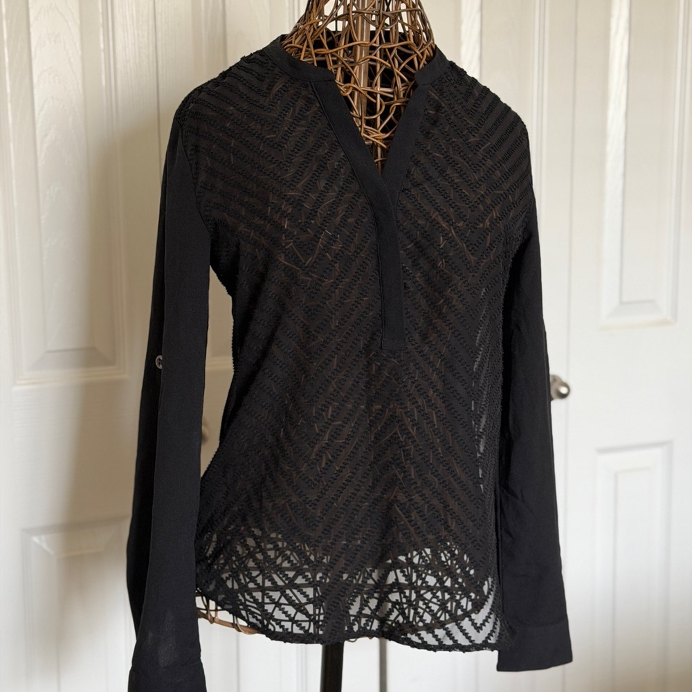 Calvin Klein Black Sheer Chevron Lace Long-Sleeve Blouse
